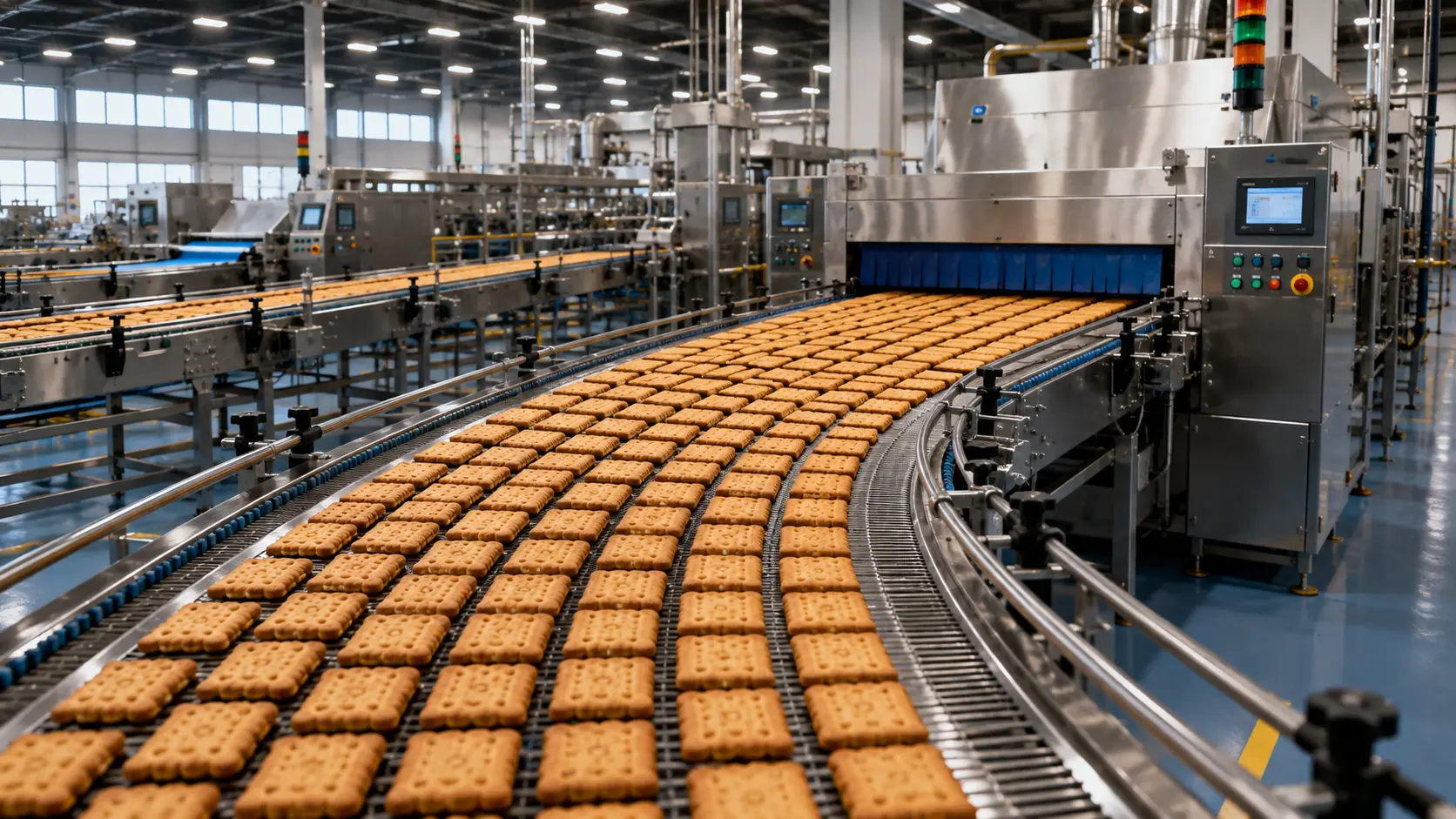 Bottles moving through an automated production line